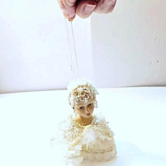 Vintage Victorian Bisque Porcelain Doll Head Christmas Ornament Lace Pearls 6" - Picture 7 of 7
